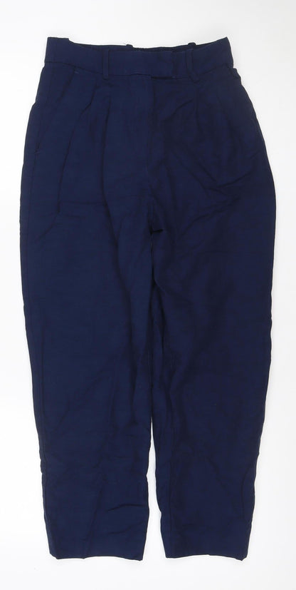 H&M Women’s Navy Blue UK 8 Linen Blend Cropped Straight Trousers