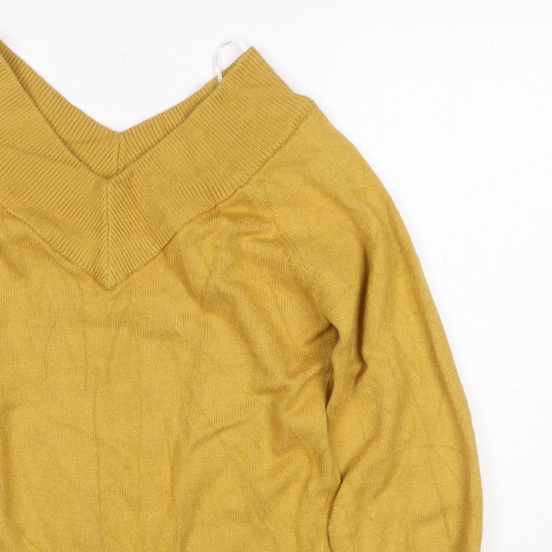 Jacqueline de Yong Women Yellow S V-Neck Balloon Sleeve Knit Jumper