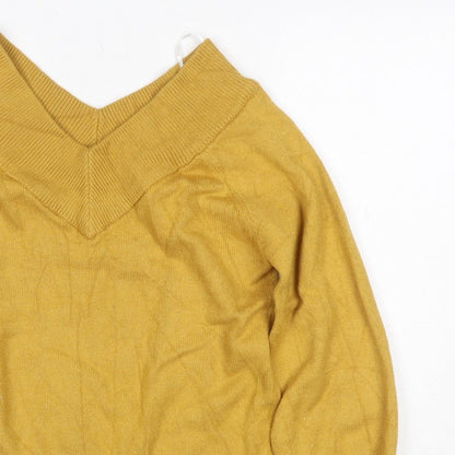 Jacqueline de Yong Women Yellow S V-Neck Balloon Sleeve Knit Jumper