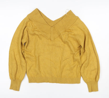 Jacqueline de Yong Women Yellow S V-Neck Balloon Sleeve Knit Jumper