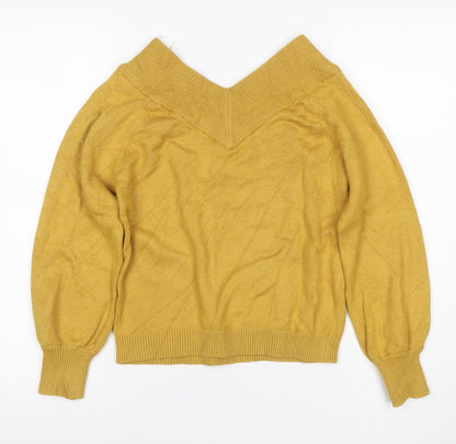 Jacqueline de Yong Women Yellow S V-Neck Balloon Sleeve Knit Jumper