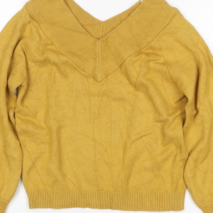 Jacqueline de Yong Women Yellow S V-Neck Balloon Sleeve Knit Jumper