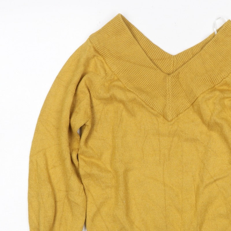 Jacqueline de Yong Women Yellow S V-Neck Balloon Sleeve Knit Jumper