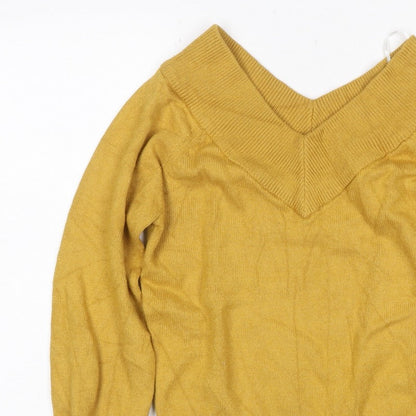 Jacqueline de Yong Women Yellow S V-Neck Balloon Sleeve Knit Jumper