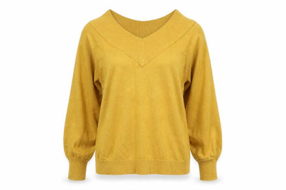 Jacqueline de Yong Women Yellow S V-Neck Balloon Sleeve Knit Jumper
