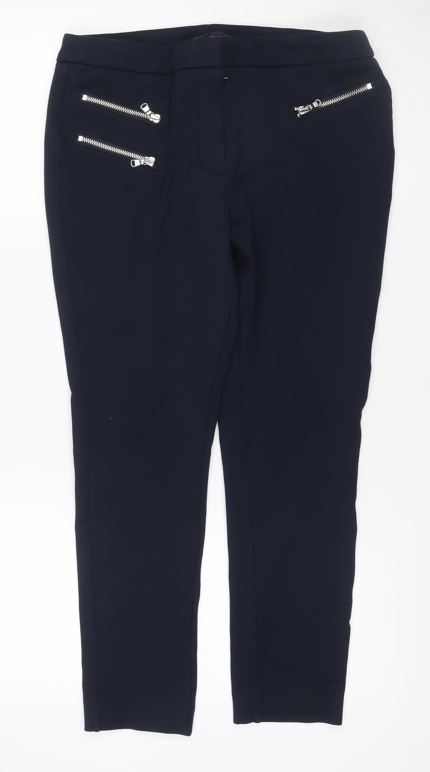 Marks and Spencer Women Black Size 14 Stretch Straight Trousers Zip Pockets