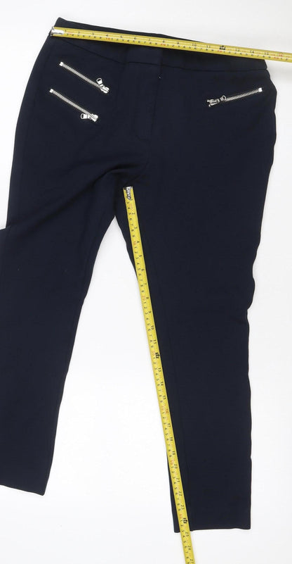 Marks and Spencer Women Black Size 14 Stretch Straight Trousers Zip Pockets