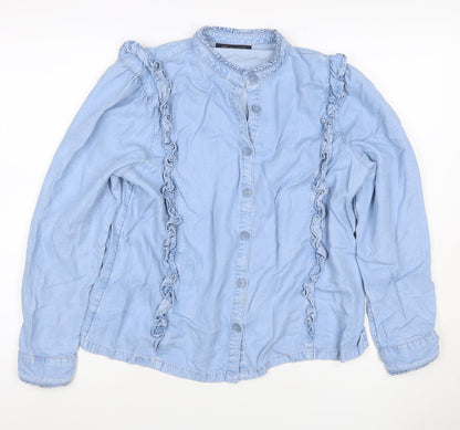 M&S Women Blue Size 16 Lyocell Ruffle Button Blouse Long Sleeve