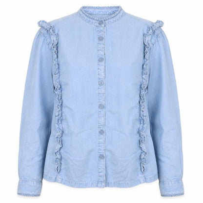 Marks & Spencer Women Blue Size 16 Lyocell Ruffle Button Blouse Long Sleeve