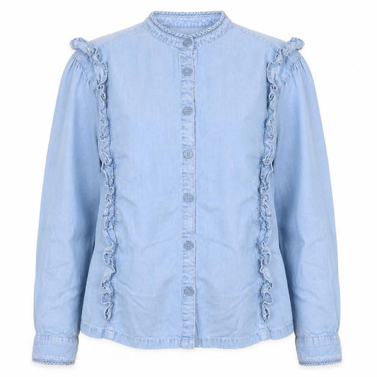 Marks & Spencer Women Blue Size 16 Lyocell Ruffle Button Blouse Long Sleeve
