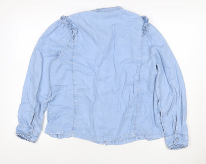 M&S Women Blue Size 16 Lyocell Ruffle Button Blouse Long Sleeve