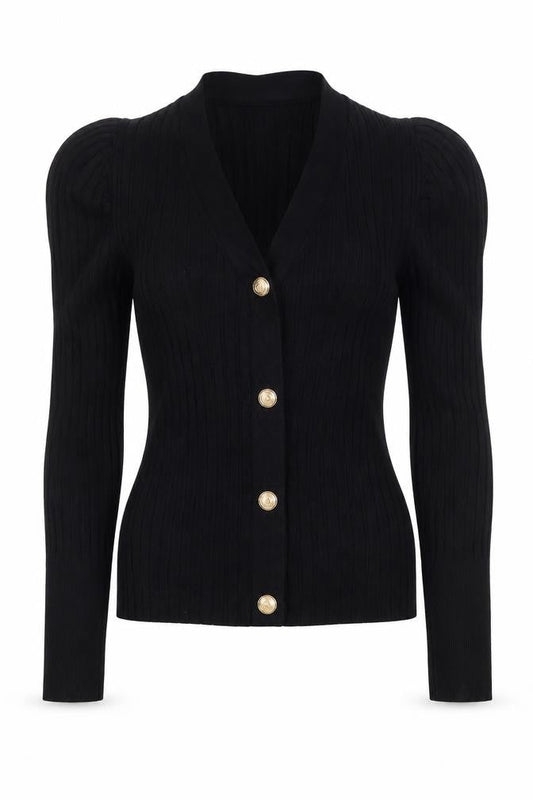 Quiz Women Black S Cable Knit Gold Button V-Neck Cardigan