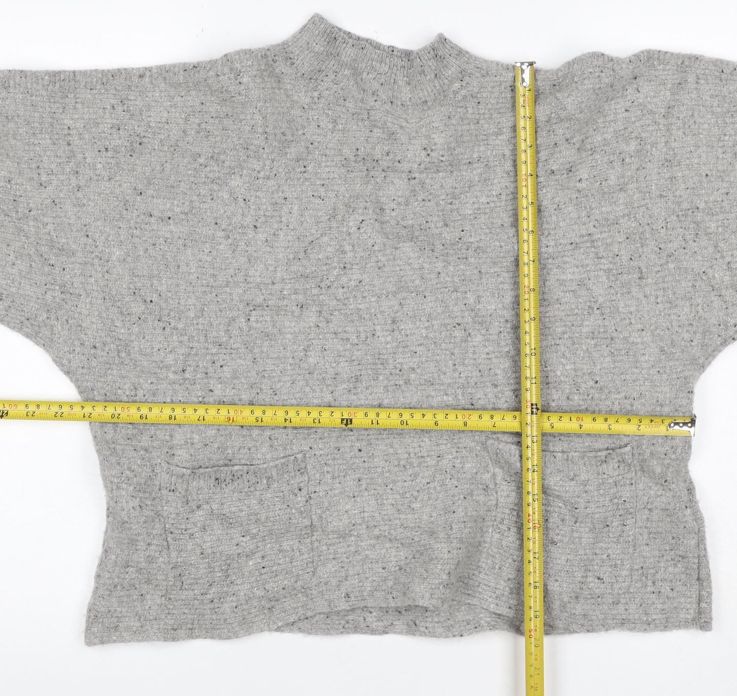 White Stuff Women’s Grey Wool Silk Mock Neck Pocket Jumper UK 16