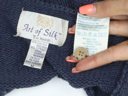 Art of Silk Women’s Blue M Silk Cotton V-Neck Button Cardigan