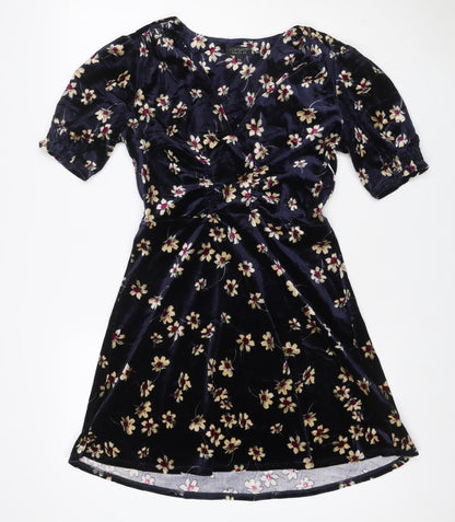 Topshop Women Blue Floral Velvet Fit & Flare Mini Dress UK 10