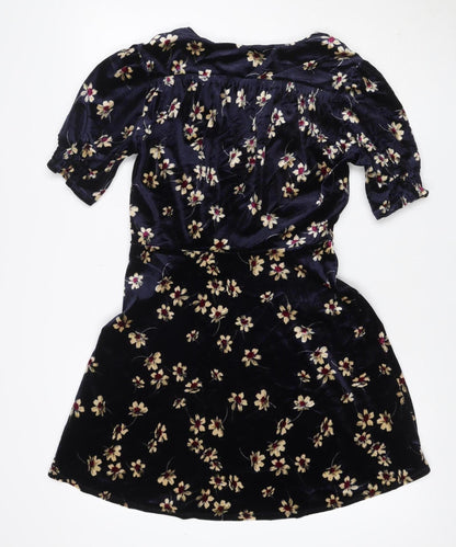 Topshop Women Blue Floral Velvet Fit & Flare Mini Dress UK 10