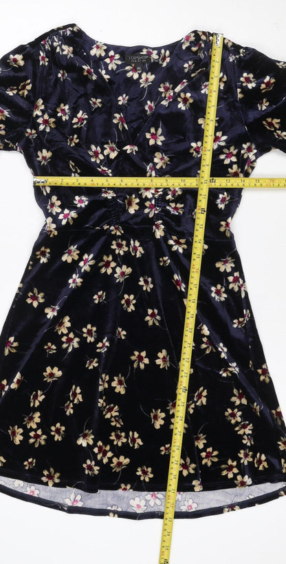 Topshop Women Blue Floral Velvet Fit & Flare Mini Dress UK 10