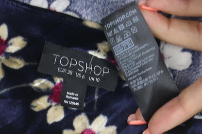 Topshop Women Blue Floral Velvet Fit & Flare Mini Dress UK 10
