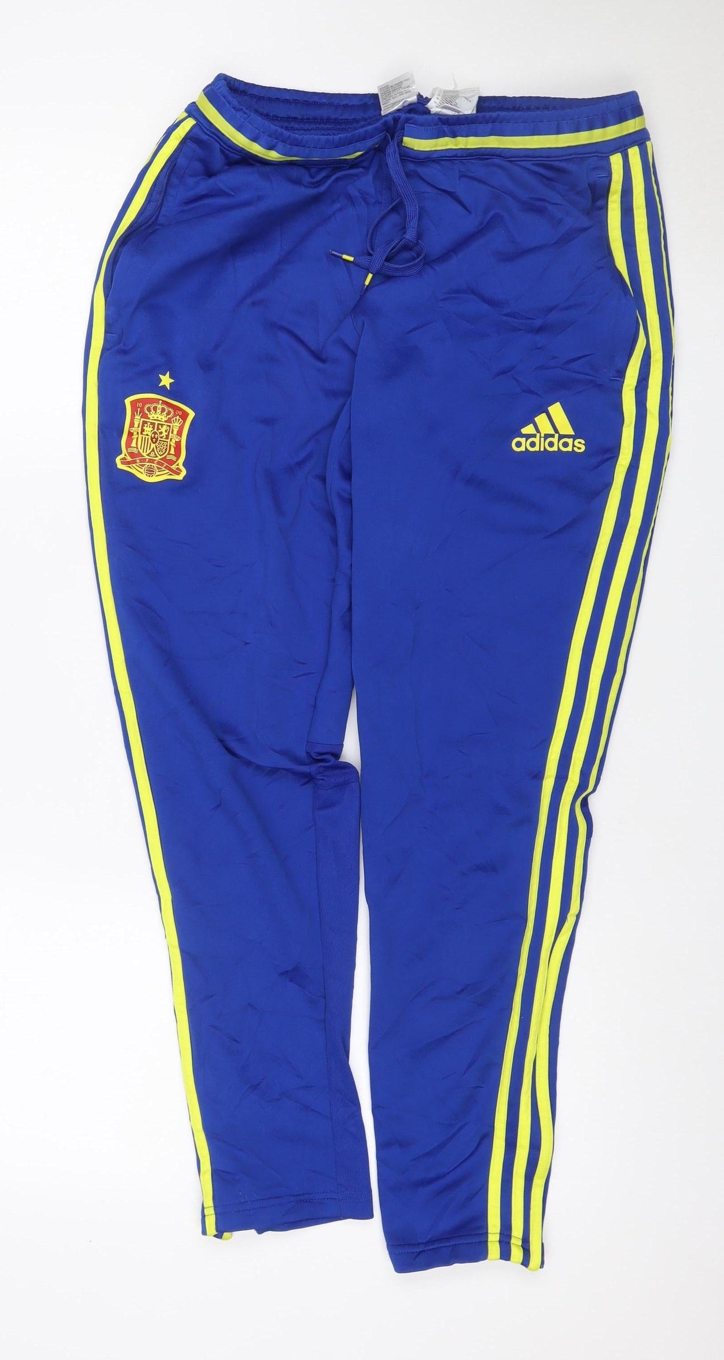 adidas Men Blue M Spain Football ClimaCool Track Pants Yellow Stripe