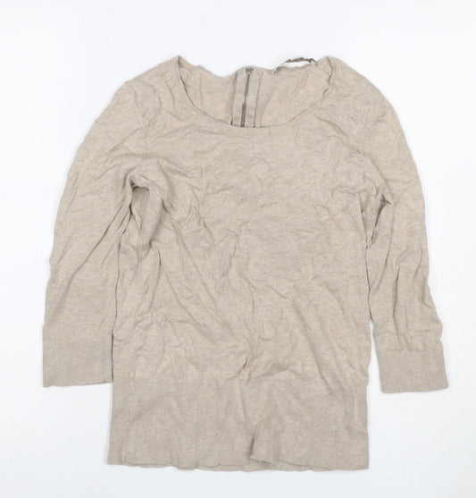 LOFT Women Beige Petite S Knit Tunic Top Scoop Neck Zip