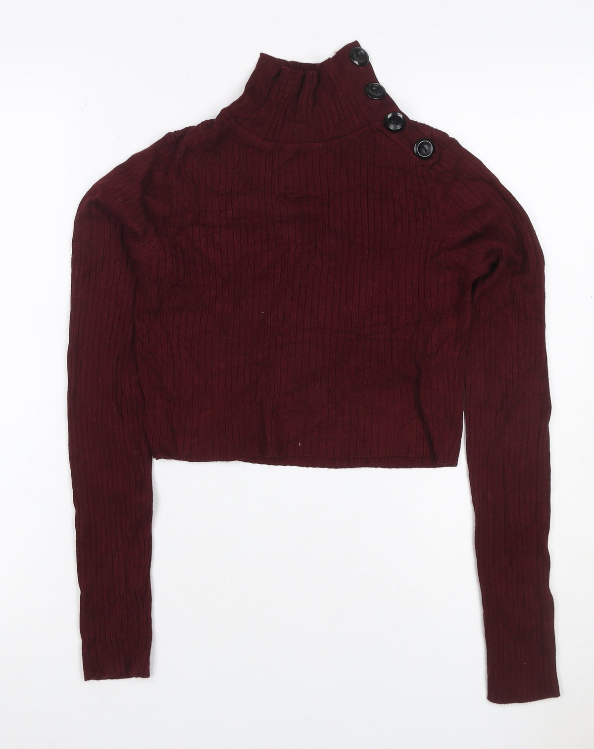 Zara Knit Women's Red S Ribbed High Neck Button Shoulder Jumper