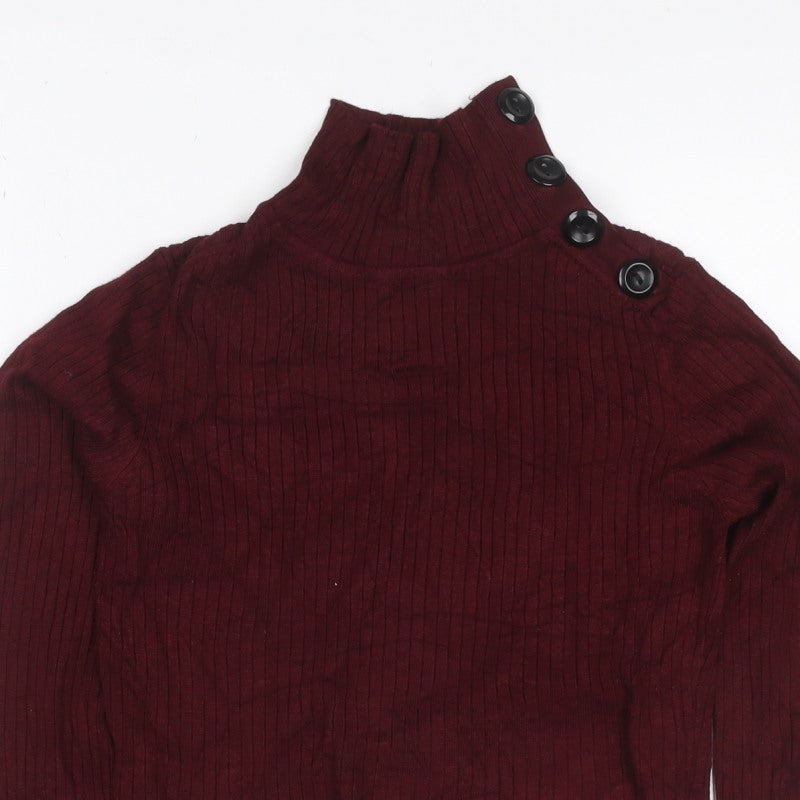 Zara Knit Women's Red S Ribbed High Neck Button Shoulder Jumper