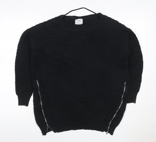 Vero Moda Women Black XL Ribbed Knit Zip Detail Crew Neck Jumper