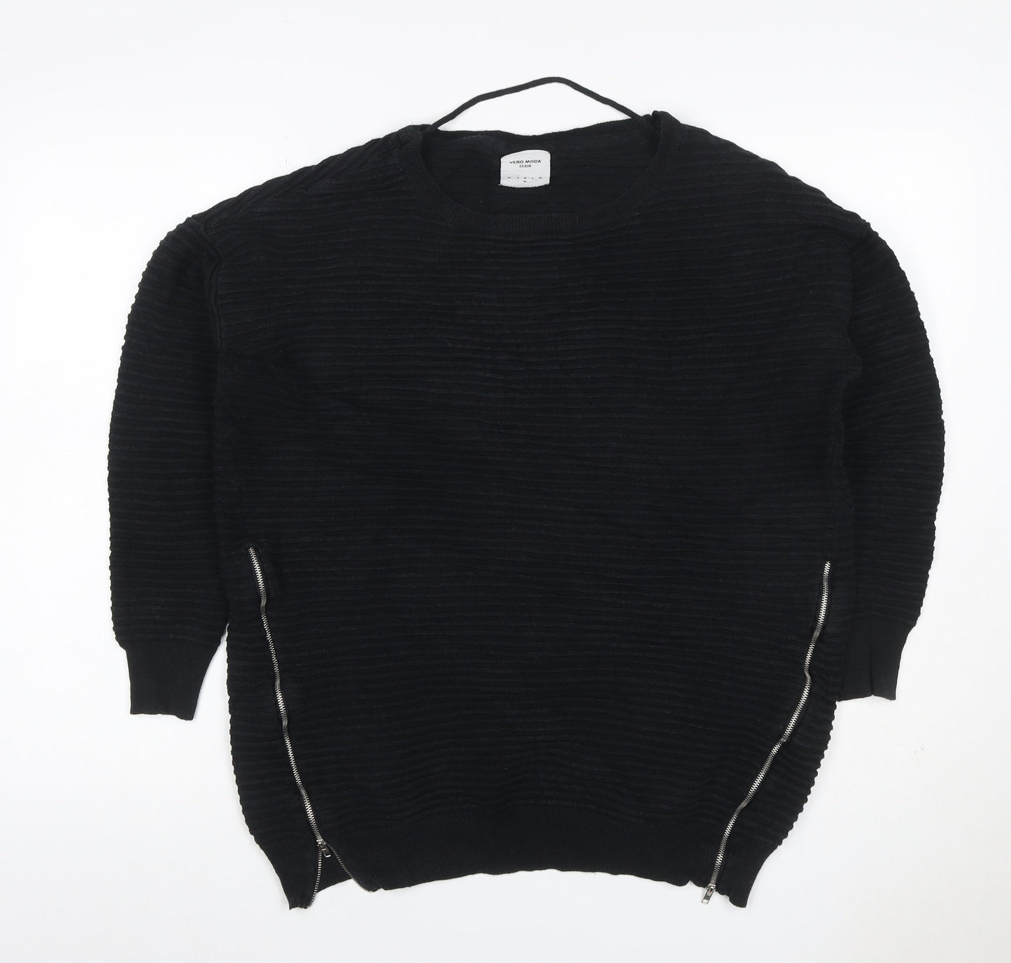 Vero Moda Women Black XL Ribbed Knit Zip Detail Crew Neck Jumper