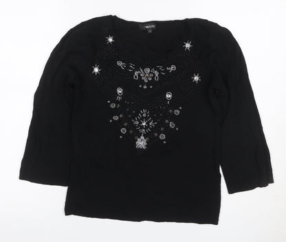 Pomodoro Women Black UK 4 Beaded Rhinestone 3/4 Sleeve Blouse