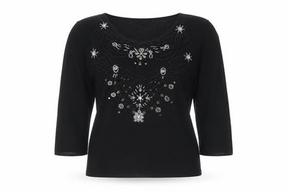 Pomodoro Women Black UK 4 Beaded Rhinestone 3/4 Sleeve Blouse