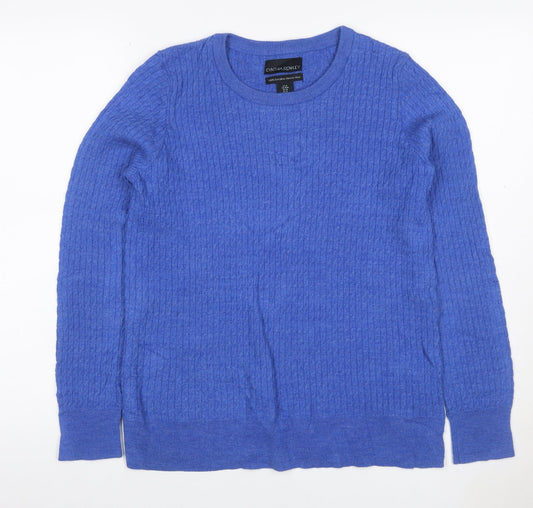 Additional front view of Cynthia Rowley unisex blue m merino wool cable knit crew neck jumper