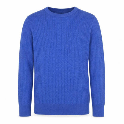 Front view of Cynthia Rowley unisex blue m merino wool cable knit crew neck jumper