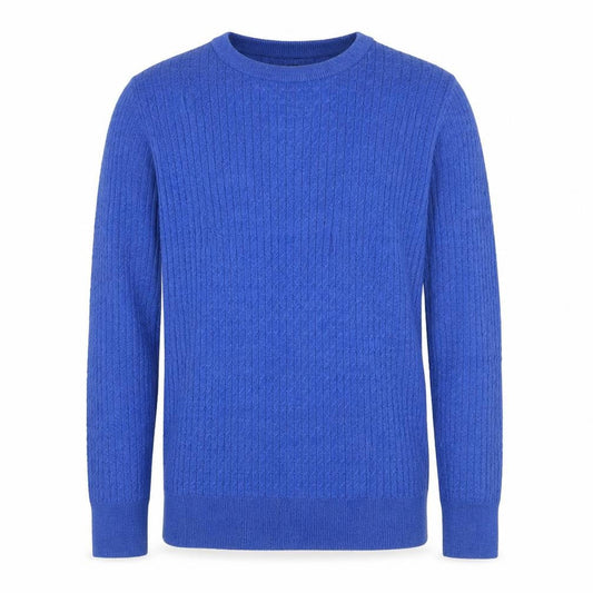 Front view of Cynthia Rowley unisex blue m merino wool cable knit crew neck jumper