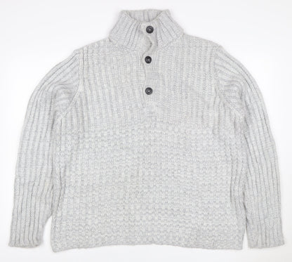 John Lewis Men Grey M Chunky Knit High Neck Button Henley Jumper
