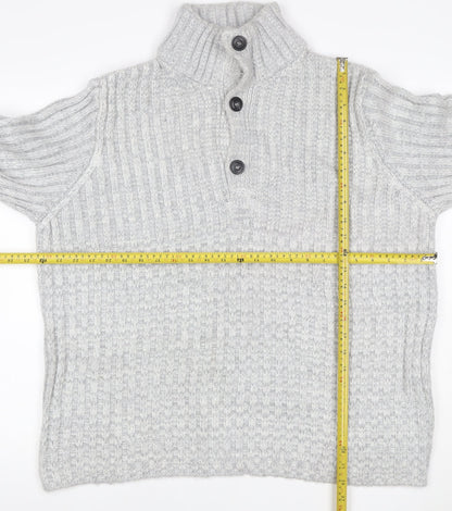 John Lewis Men Grey M Chunky Knit High Neck Button Henley Jumper