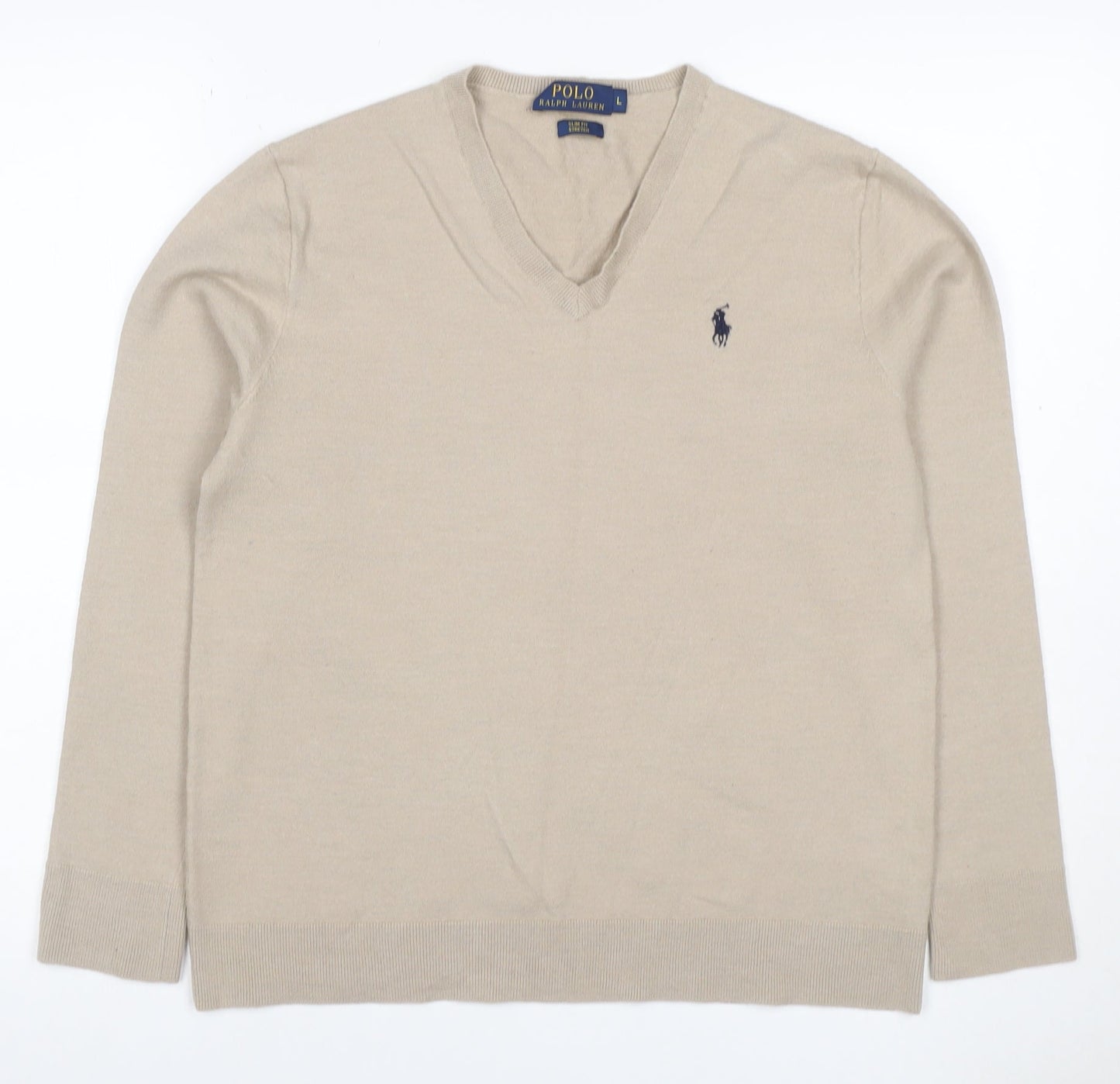 Polo Ralph Lauren Men’s Beige L Slim Fit Cashmere Wool V-Neck Jumper