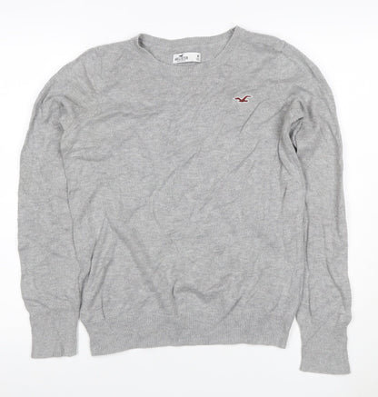 Hollister Men Grey M Crew Neck Logo Cotton Blend Pullover Jumper