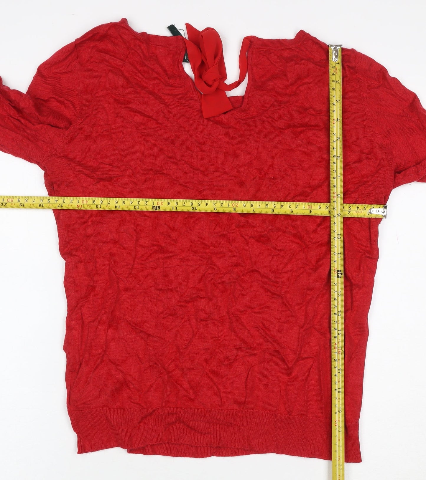 Lauren Ralph Lauren Women Red L Silk Blend Tie Neck Knit Blouse