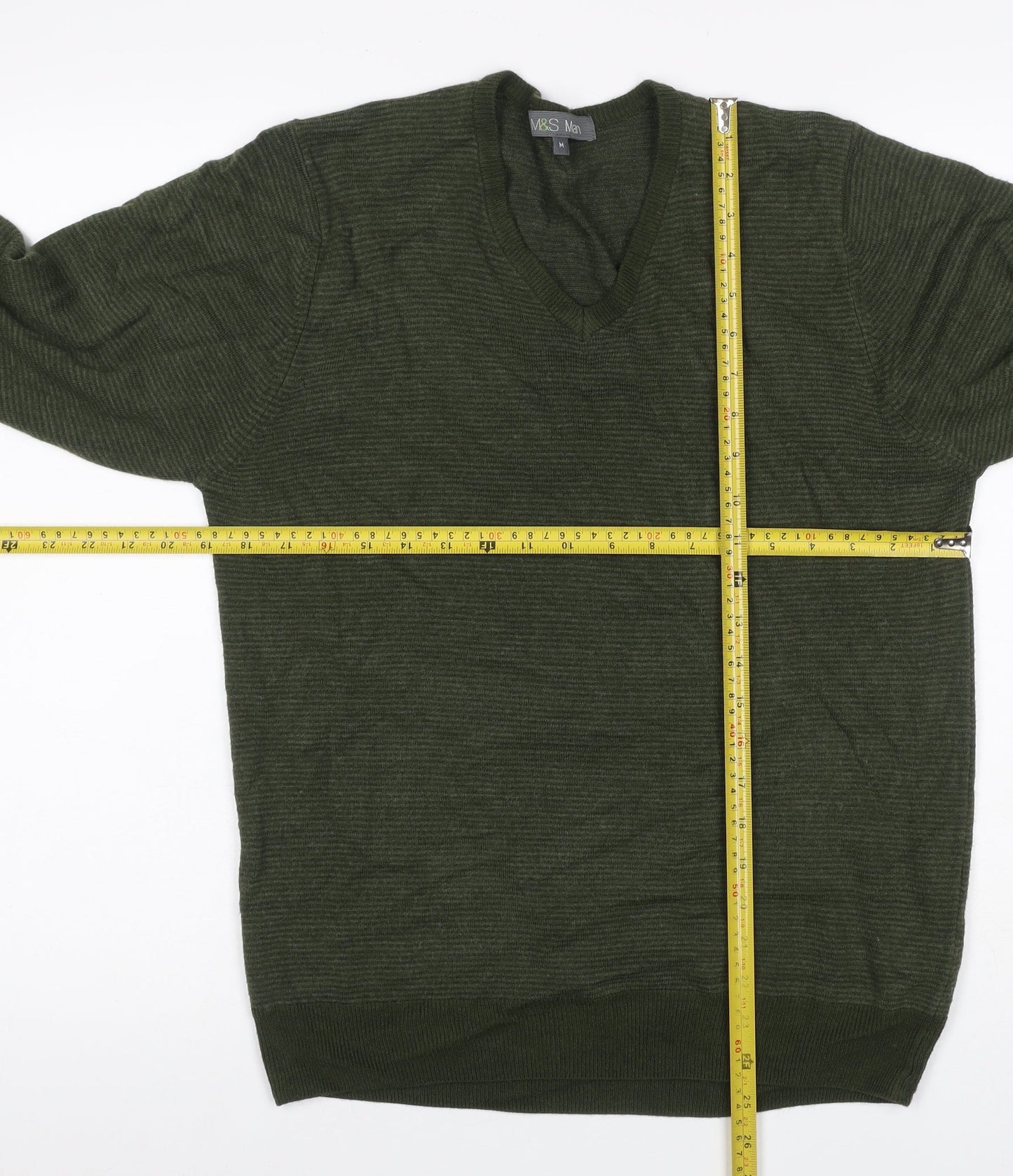 Marks and Spencer Men Green M V-Neck Acrylic Knit Pullover Jumper