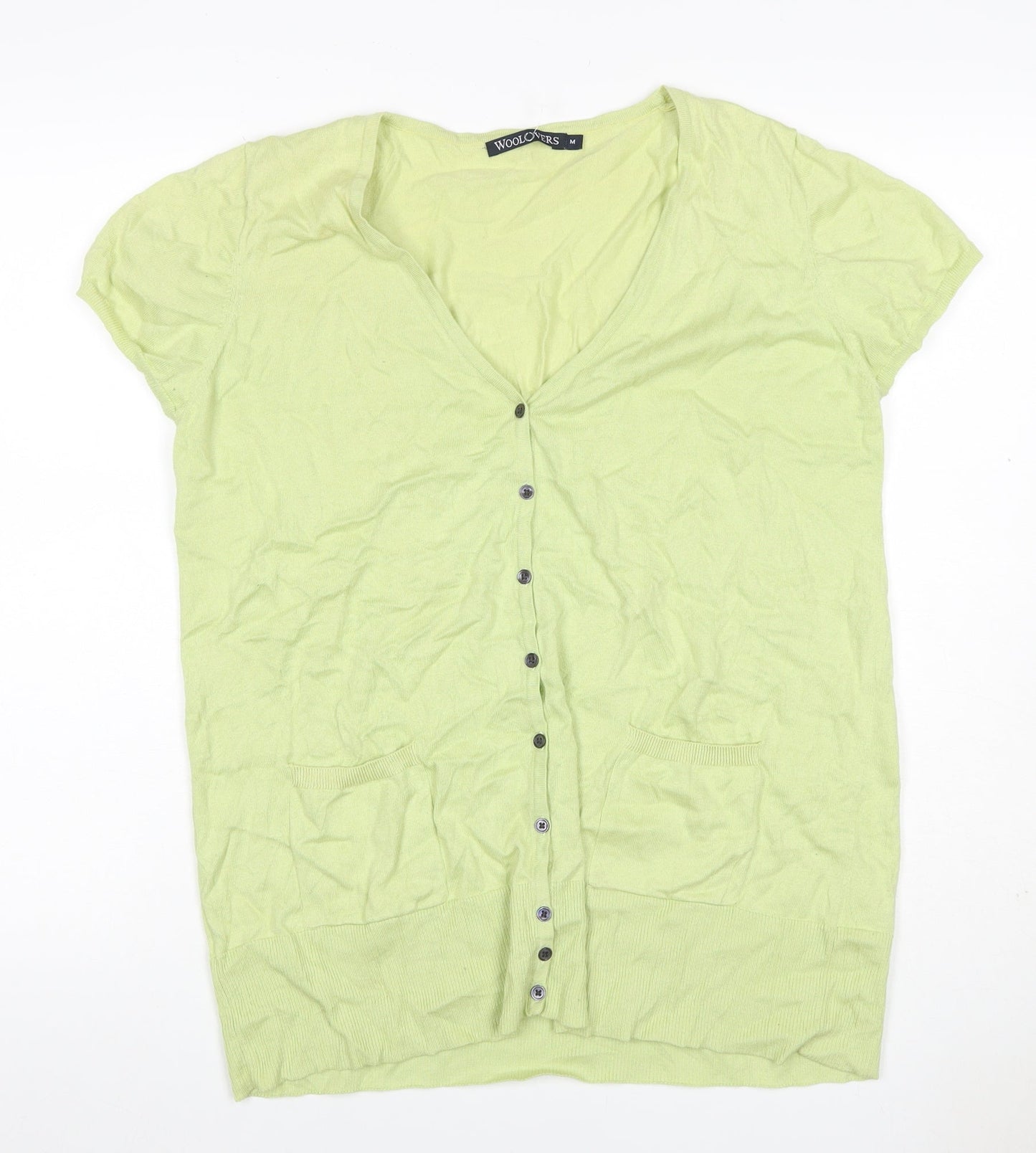 WoolOvers Women Green M Cotton V-Neck Short Sleeve Cardigan Pockets