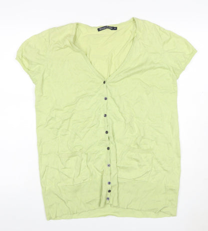 WoolOvers Women Green M Cotton V-Neck Short Sleeve Cardigan Pockets