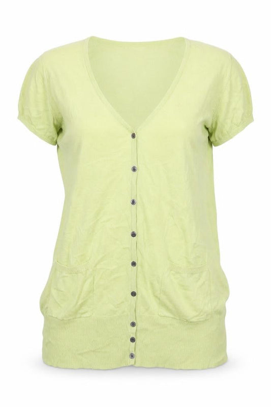WoolOvers Women Green M Cotton V-Neck Short Sleeve Cardigan Pockets