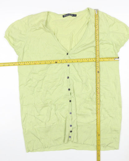 WoolOvers Women Green M Cotton V-Neck Short Sleeve Cardigan Pockets