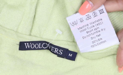 WoolOvers Women Green M Cotton V-Neck Short Sleeve Cardigan Pockets
