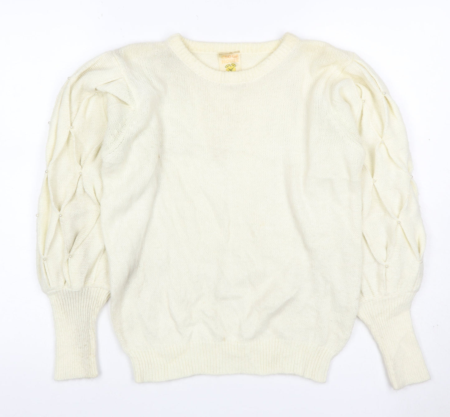 Clock House Women Ivory UK 10 Beaded Puff Sleeve Crew Neck Jumper