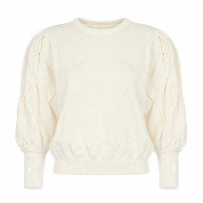 Front view of Clock House Women Ivory UK 10 Beaded Puff Sleeve Crew Neck Jumper