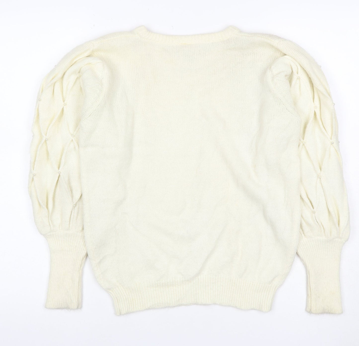 Clock House Women Ivory UK 10 Beaded Puff Sleeve Crew Neck Jumper
