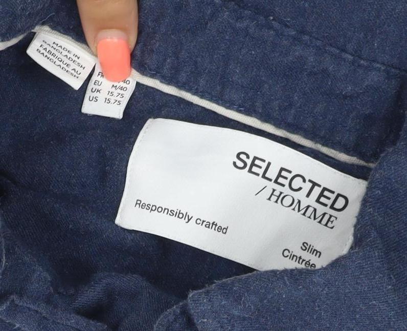 Selected Homme Men’s Blue 16 Slim Cotton Button-Down Long Sleeve Shirt