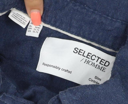 Selected Homme Men’s Blue 16 Slim Cotton Button-Down Long Sleeve Shirt