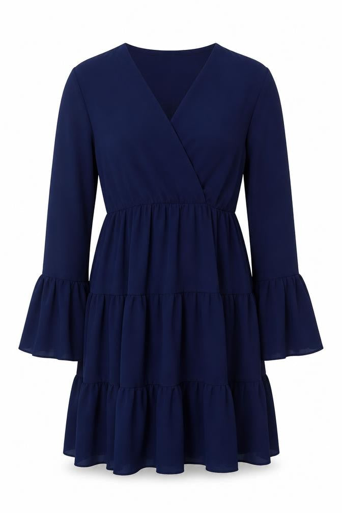 Quiz Women’s Blue M Knee Length Fit & Flare Tiered V-Neck Dress